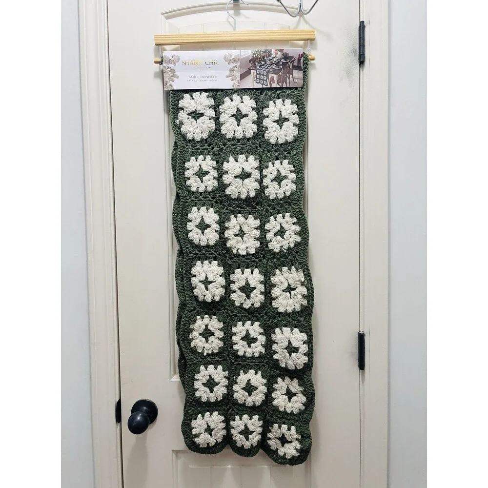 Shabby Chic Crochet Granny Square Table Runner 14 x 72 Green Cream Farmhouse NWT